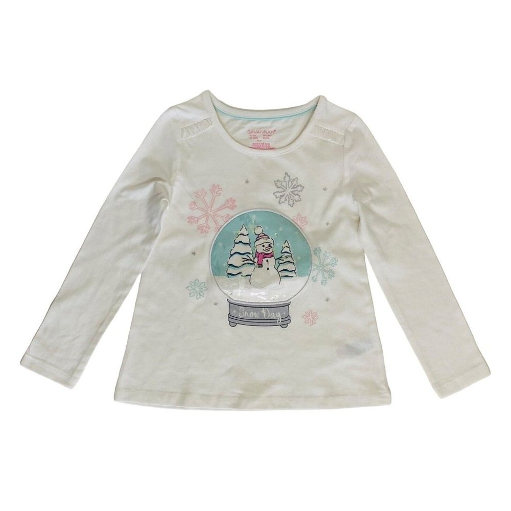 Savannah Girl’s SMALL (4) Long Sleeve Sniwman Graphic T-shirt Ivory Top
